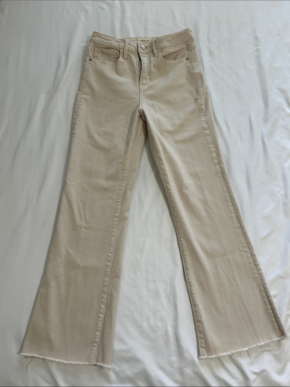 High-Rise Beige Flare Jeans with Raw Hem